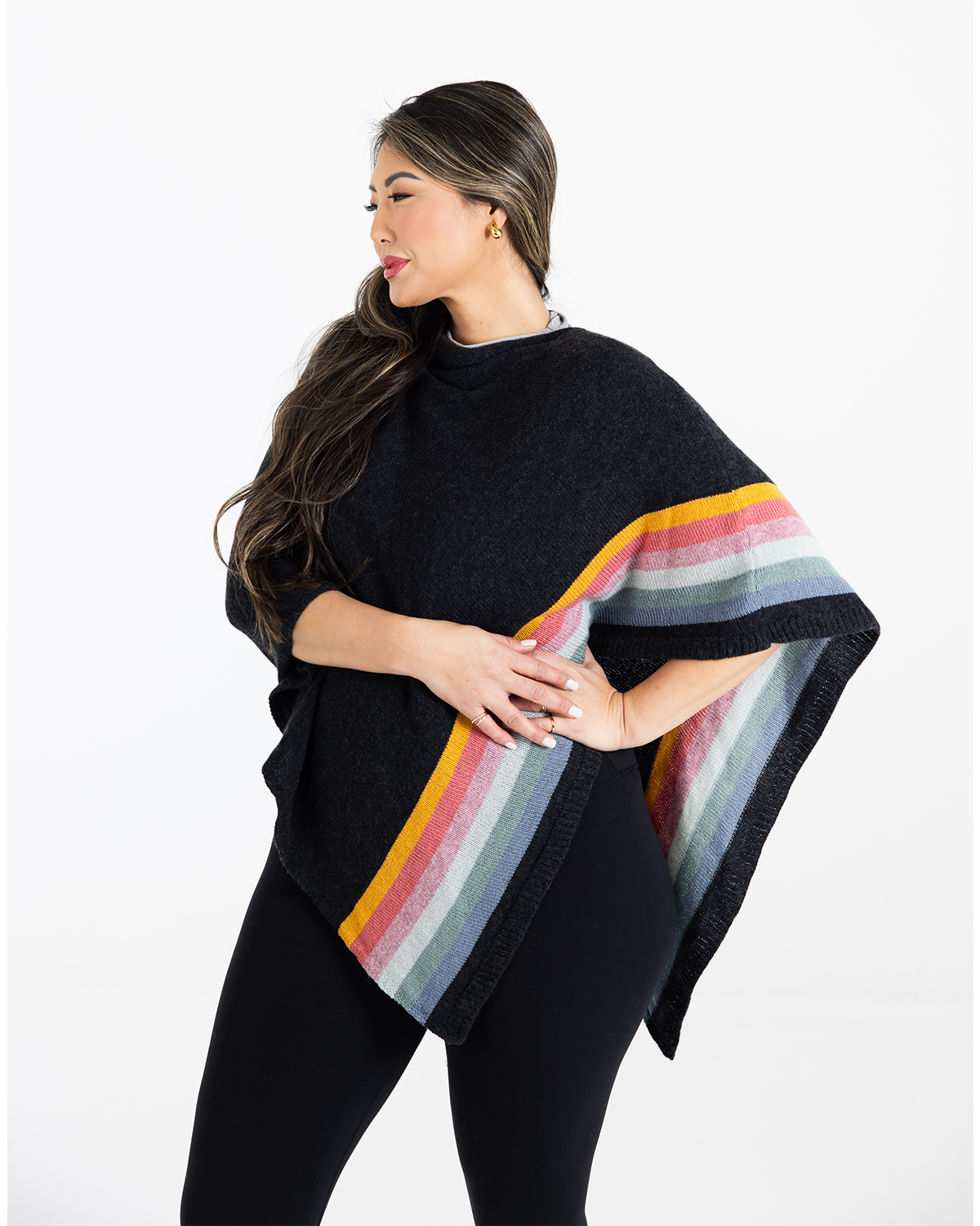 Sun Valley Poncho Cashmere Charcoal Rainbow Heidi Hennessy. 1