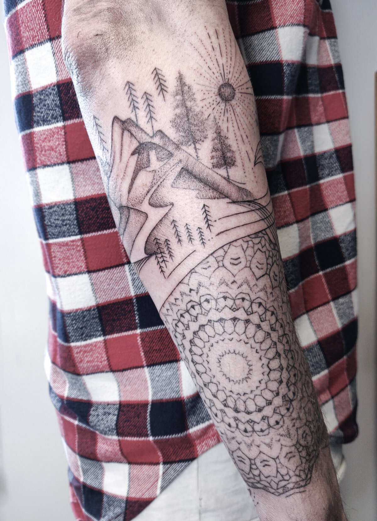 mandala tattoo, geometric tattoo, pattern tattoo, mountains tattoo
