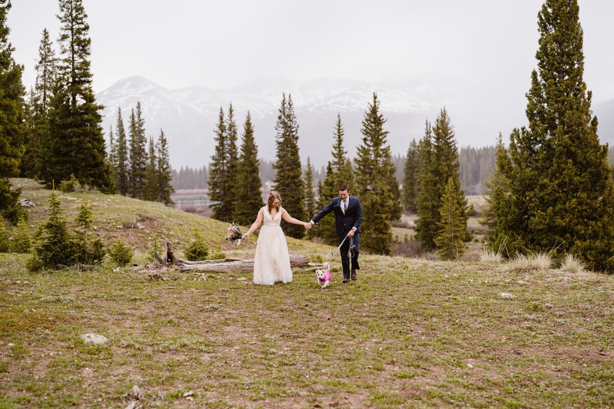 A couple walks hand in hand with their dog during their Lake Molas elopement in Silverton, Colorado, surrounded by pine  trees and snow-capped mountain peaks.
