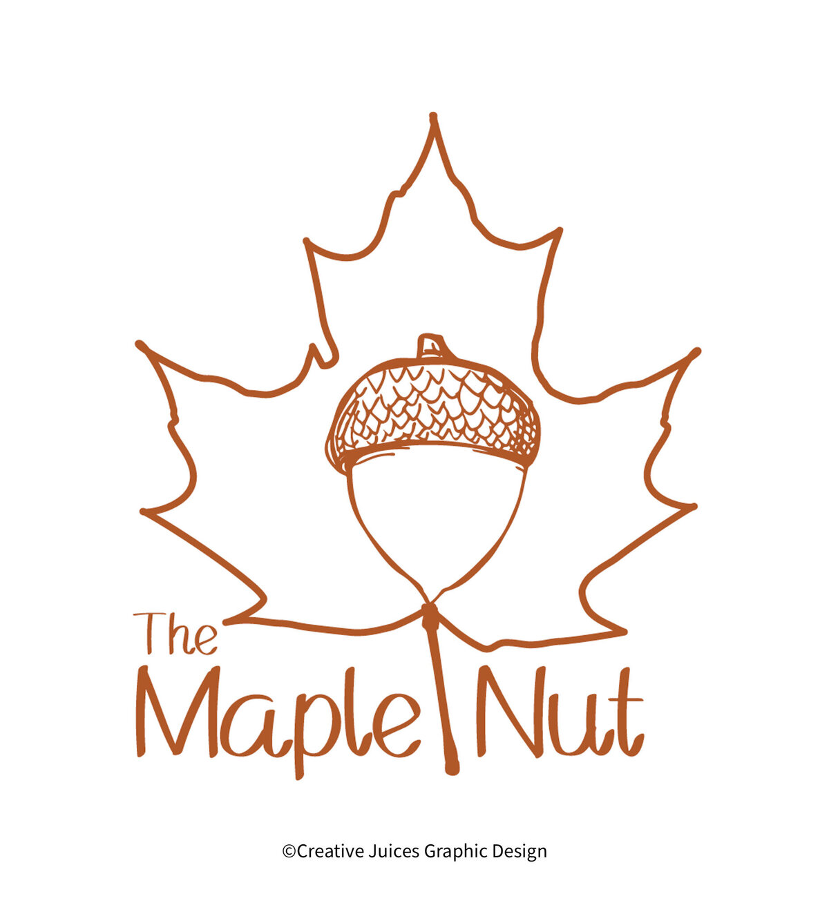Logo design. Includes an image of a maple leaf and nut. Hand-drawn design.