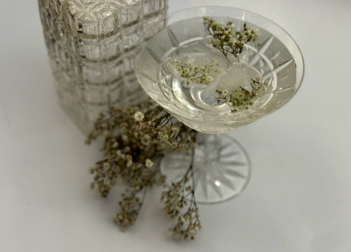 ROENCREATIVESTUDIO_This image depicts mood imagery of an artistic view of a coupe cocktail glass with ice cube florals