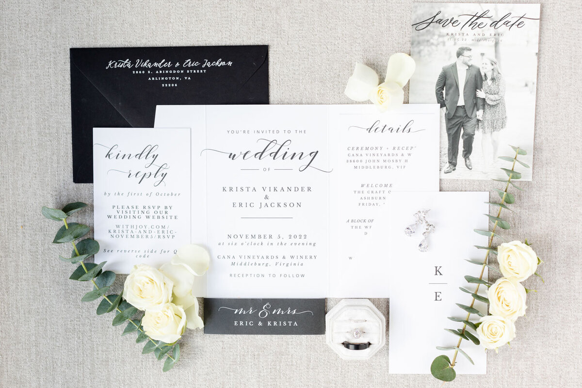 Flat lay of wedding invitations and wedding ring