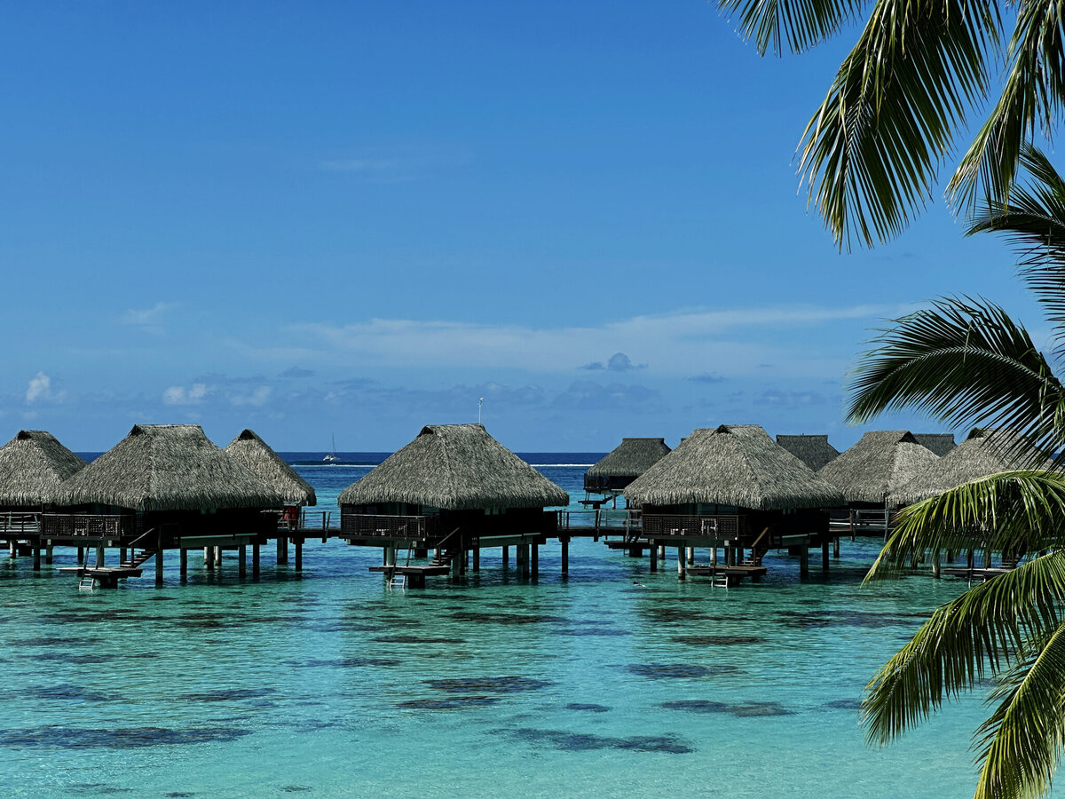 Bungalows over the beautiful coral reefs in Moorea, French Polynesia.