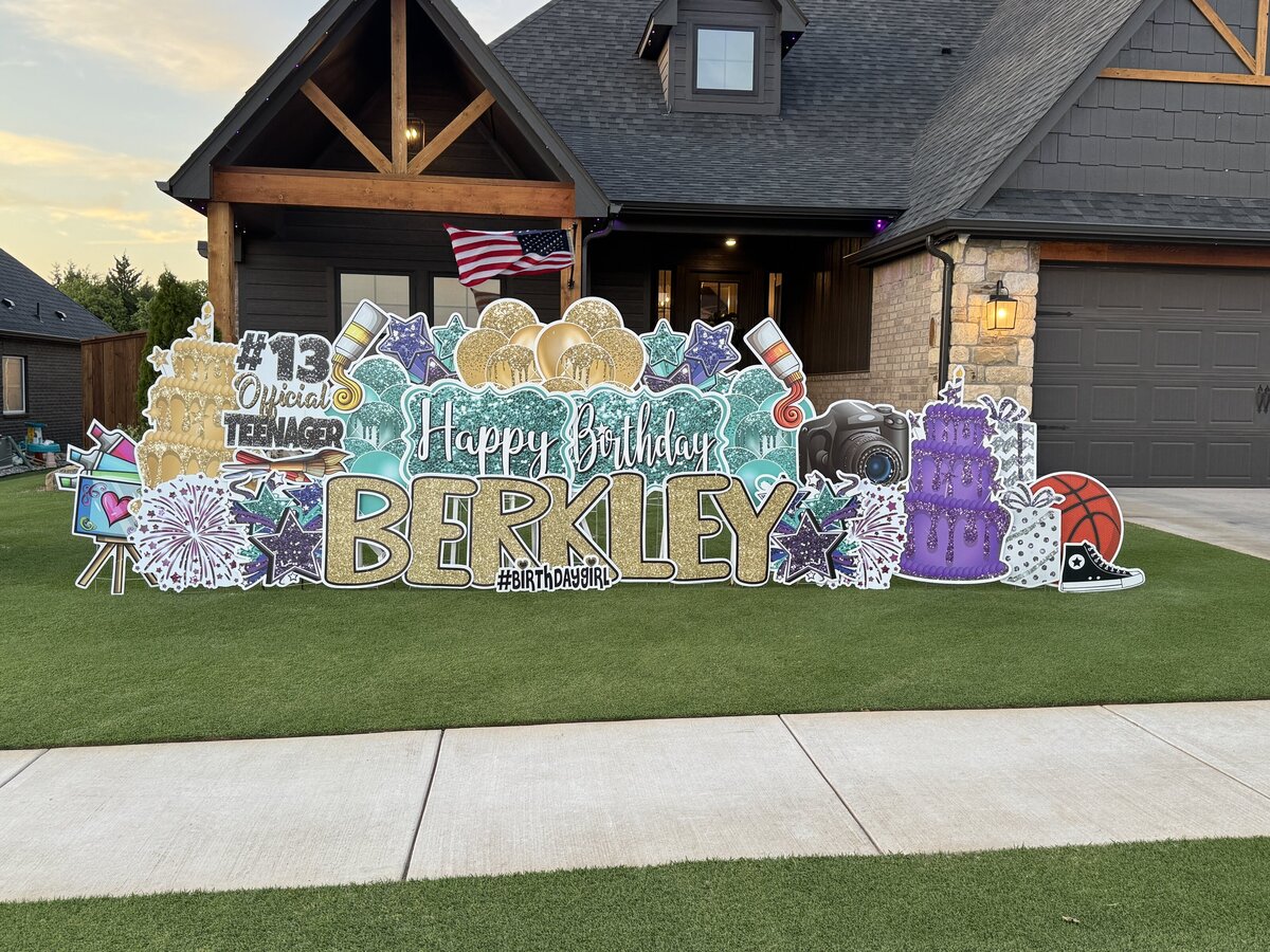 Custom birthday yard sign setup in Edmond, Oklahoma. Simply Sign It is a yard greeting rental company servicing Edmond, NW OKC, Piedmont, and Deer Creek. Order a yard greeting for birthdays, graduation, anniversary, back-to-school, and birth announcements.