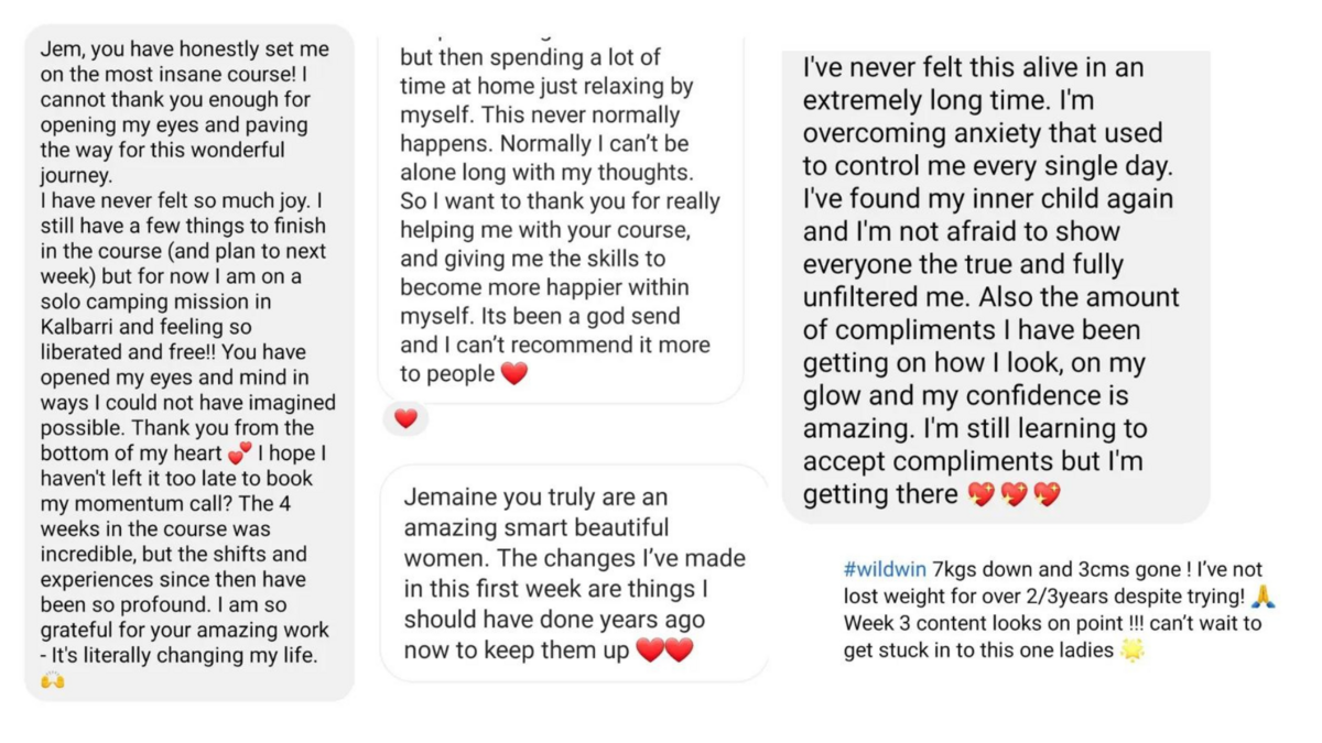 Life changing testimonials from Coaching and programs with Jemaine Finlay.
