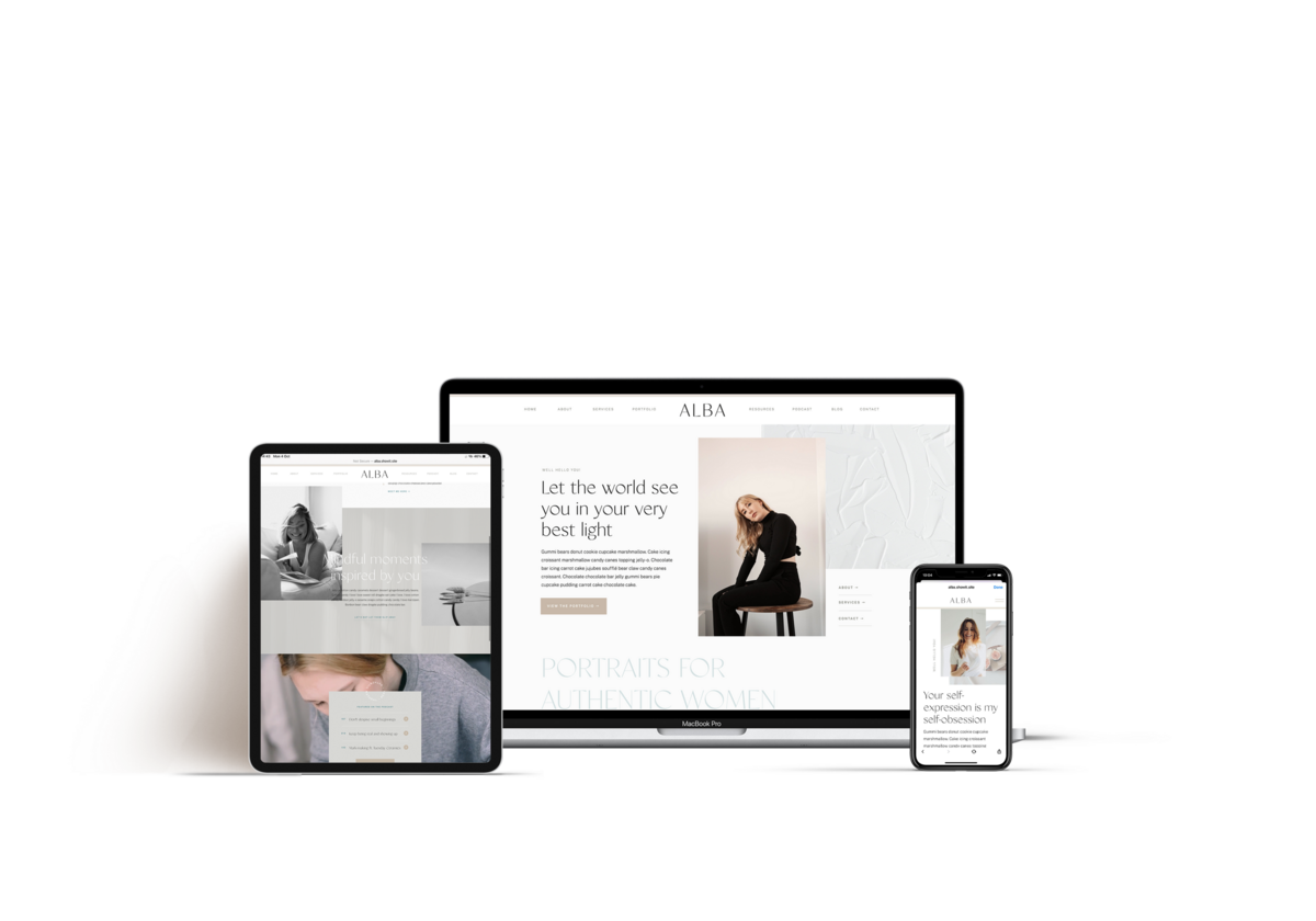 Mock Up of the ALBA Showit Template on Desktop Ipad and Mobile