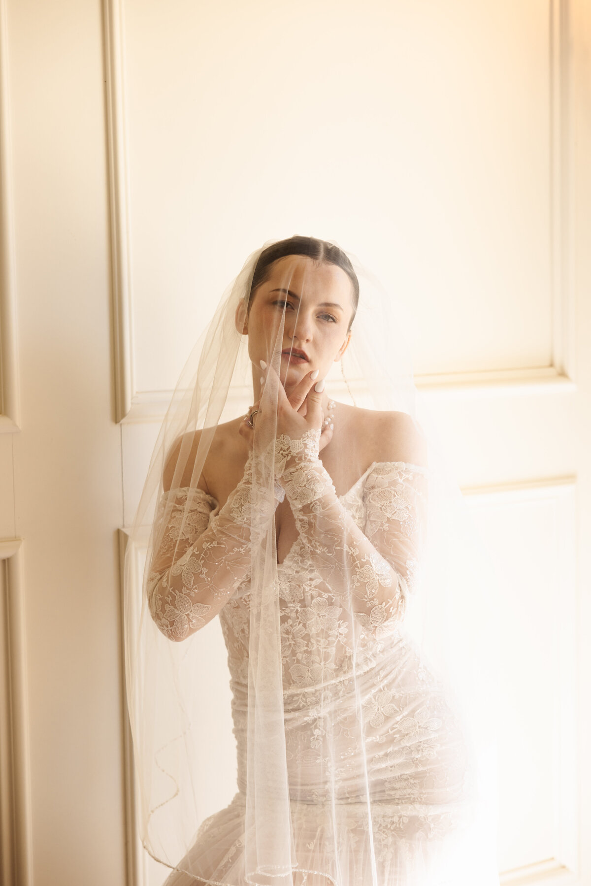 Editorial Bridal Portrait with Veil in Soft Golden Light