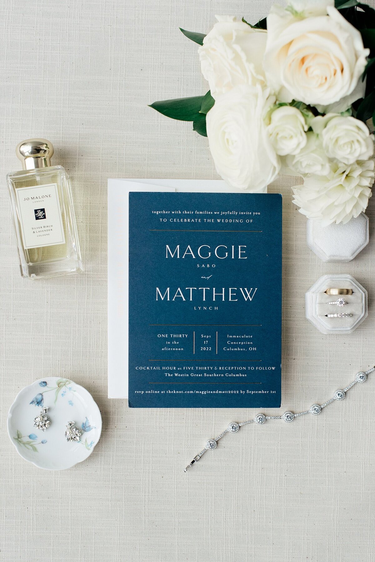 Classic navy wedding invitation for Ohio wedding in downtown