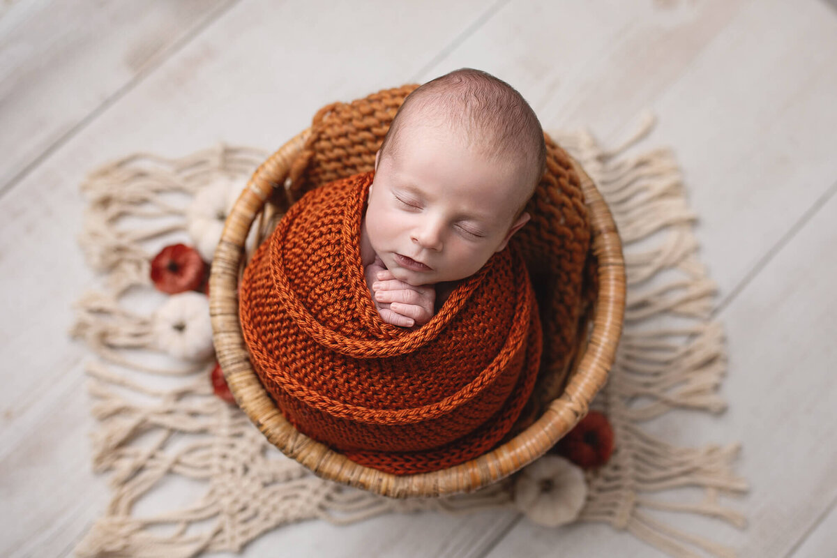 Newborn wrapped for his baby photos during his newborn photo session in Southern Minnesota.