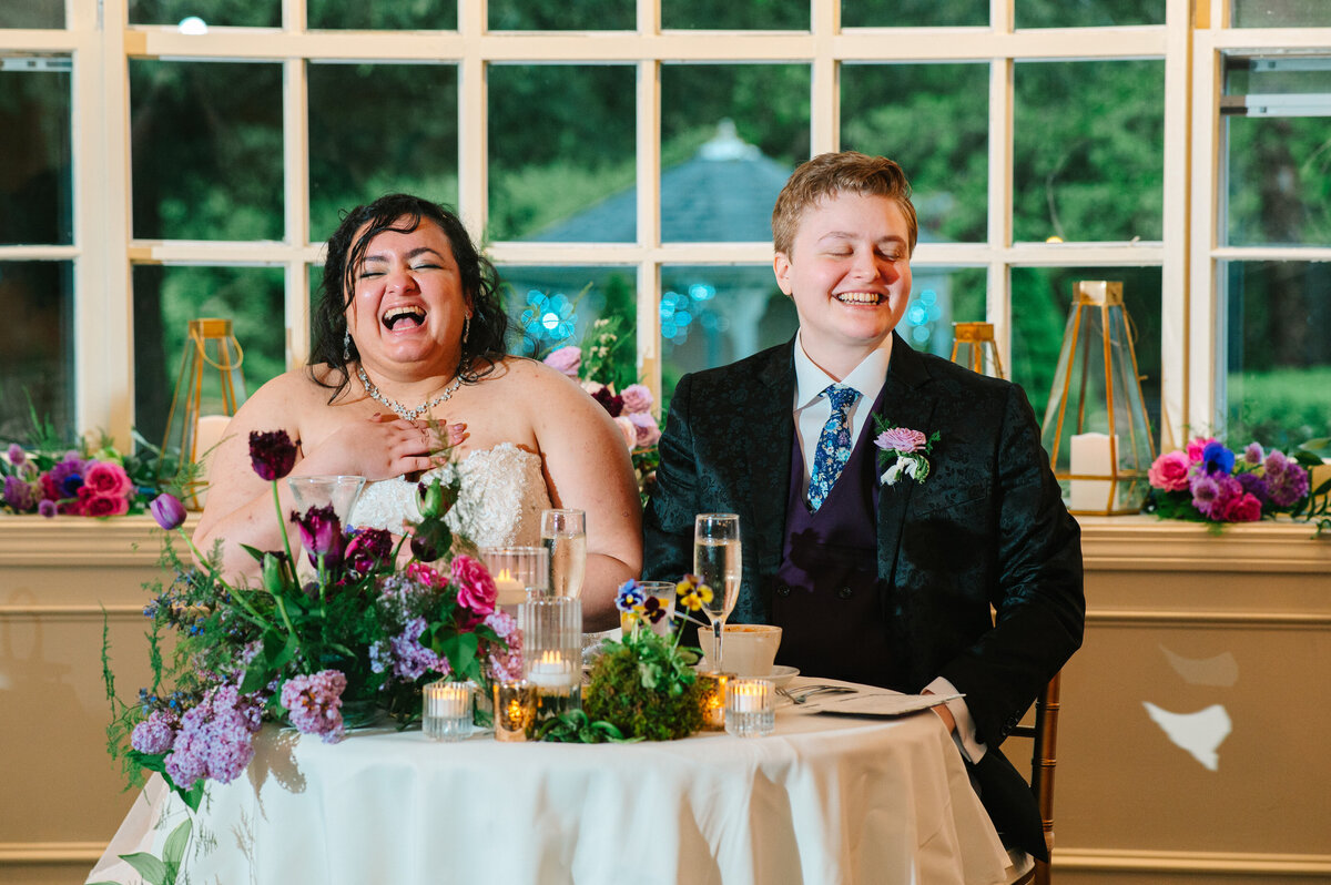 Brides sitting at table laughing