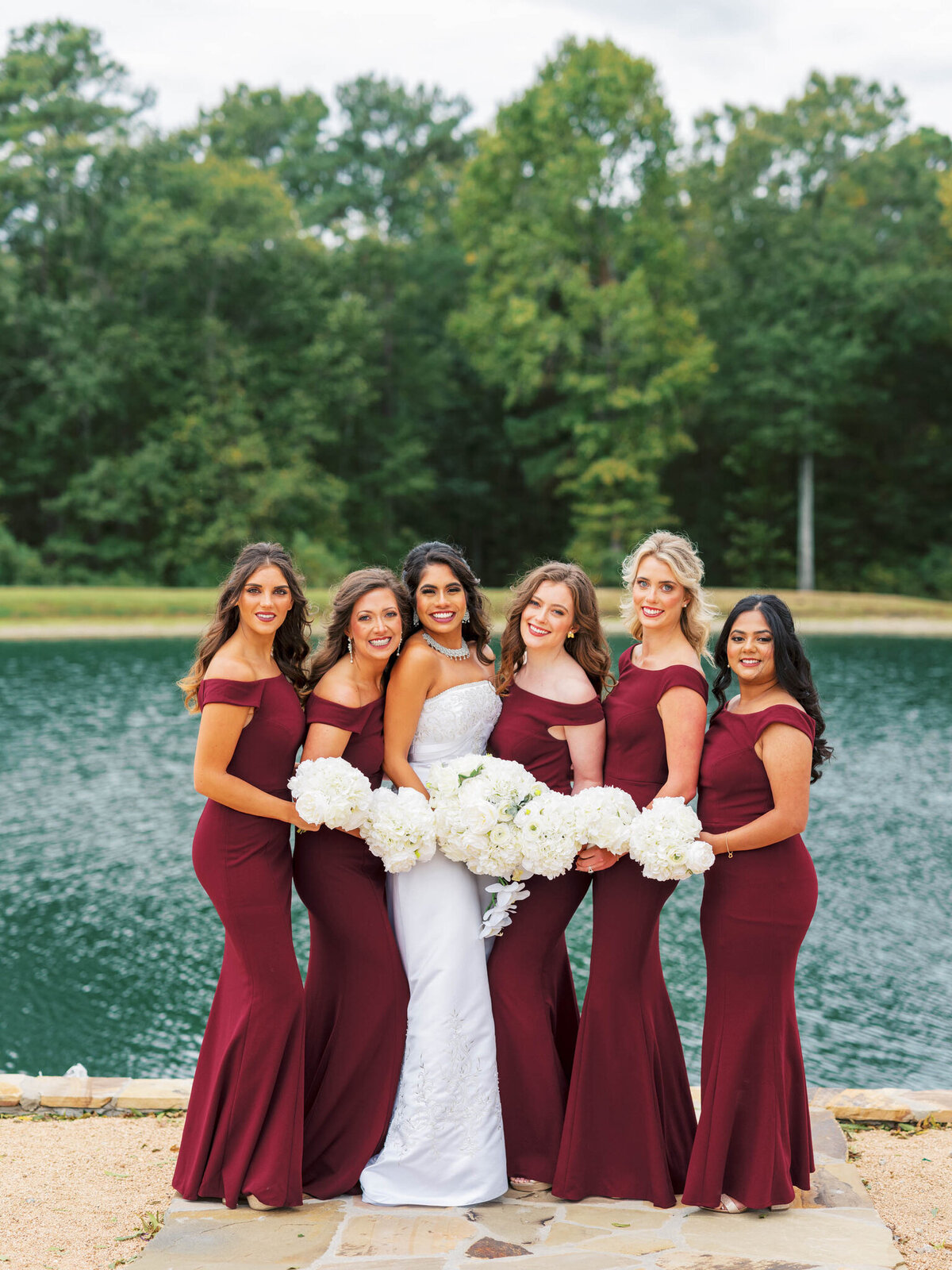 Shaoleen & Colin American Black + White Wedding- Portaits- Bridemaids with all white floral bouquets