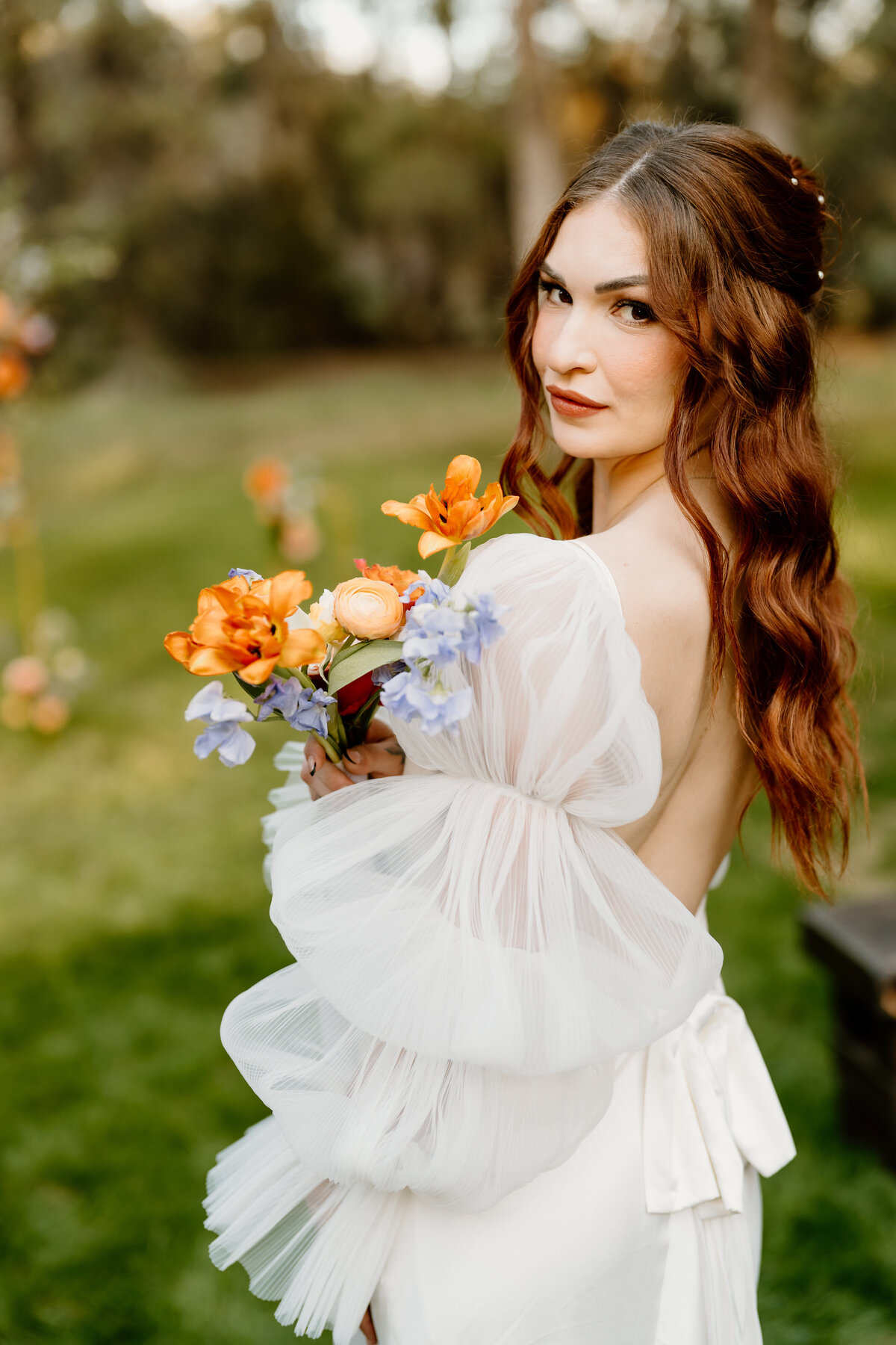 Bride looking over shoulder