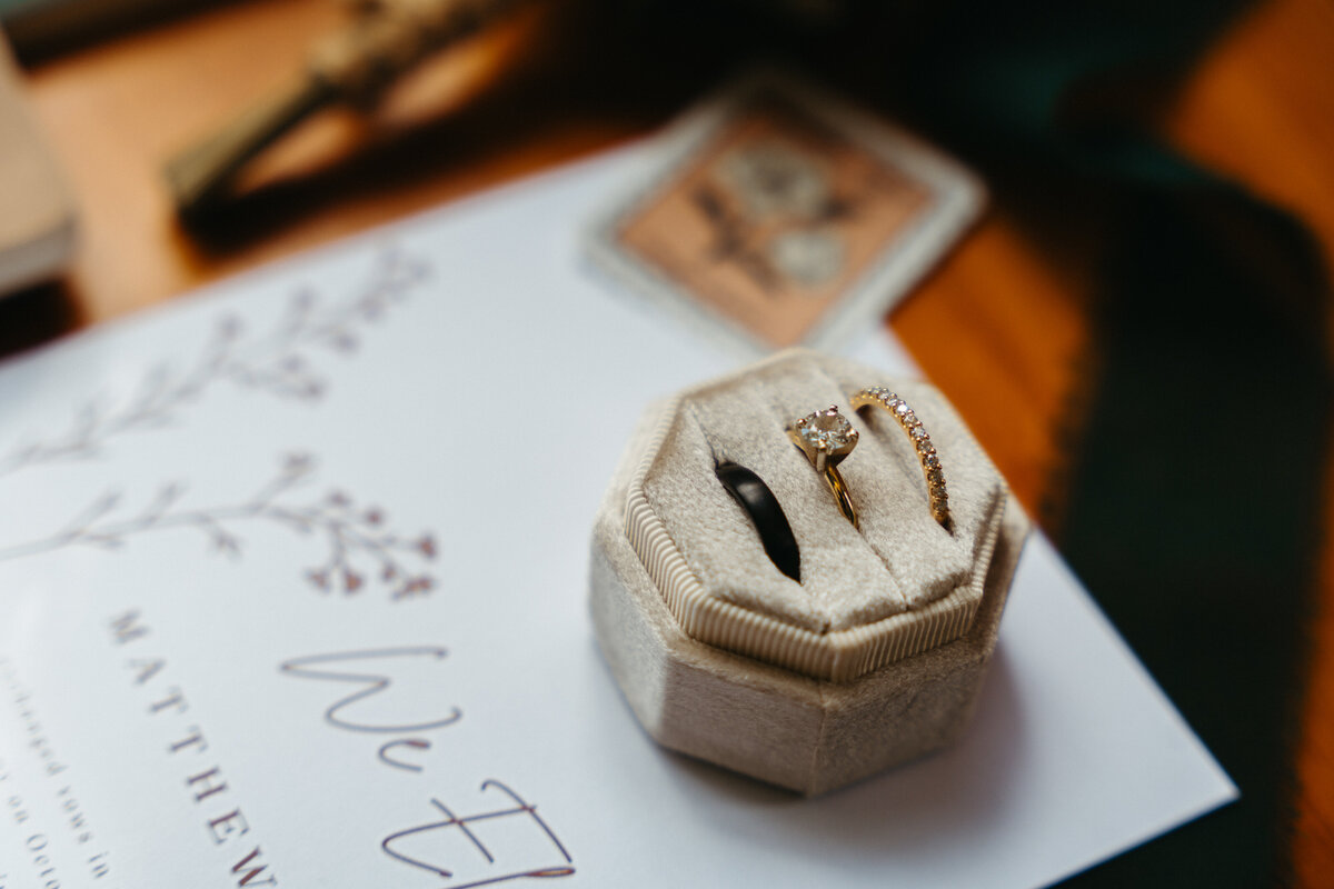 Flatlay with stationery, ribbons, and sentimental Dolomites elopement details