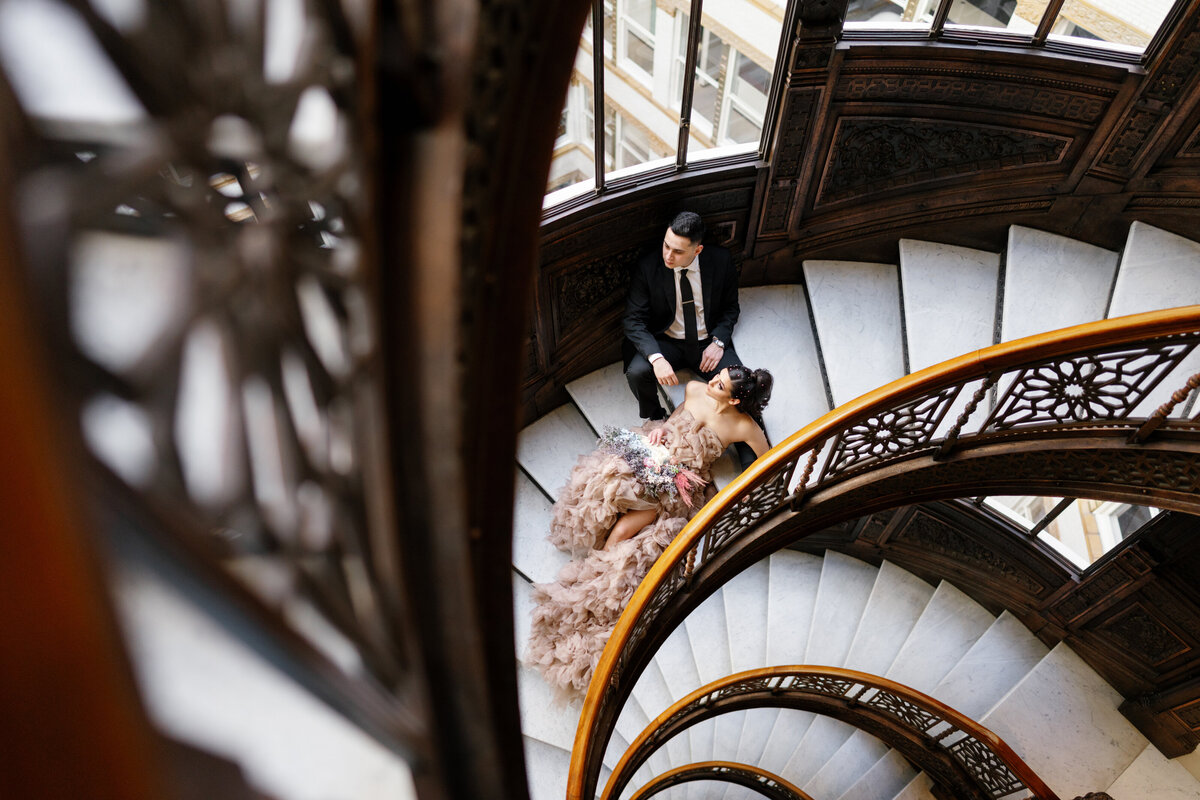 Aspen-Avenue-Chicago-Wedding-Photographer-Rookery-Engagement-Session-Histoircal-Stairs-Moody-Dramatic-Magazine-Unique-Gown-Stemming-From-Love-Emily-Rae-Bridal-Hair-FAV-37