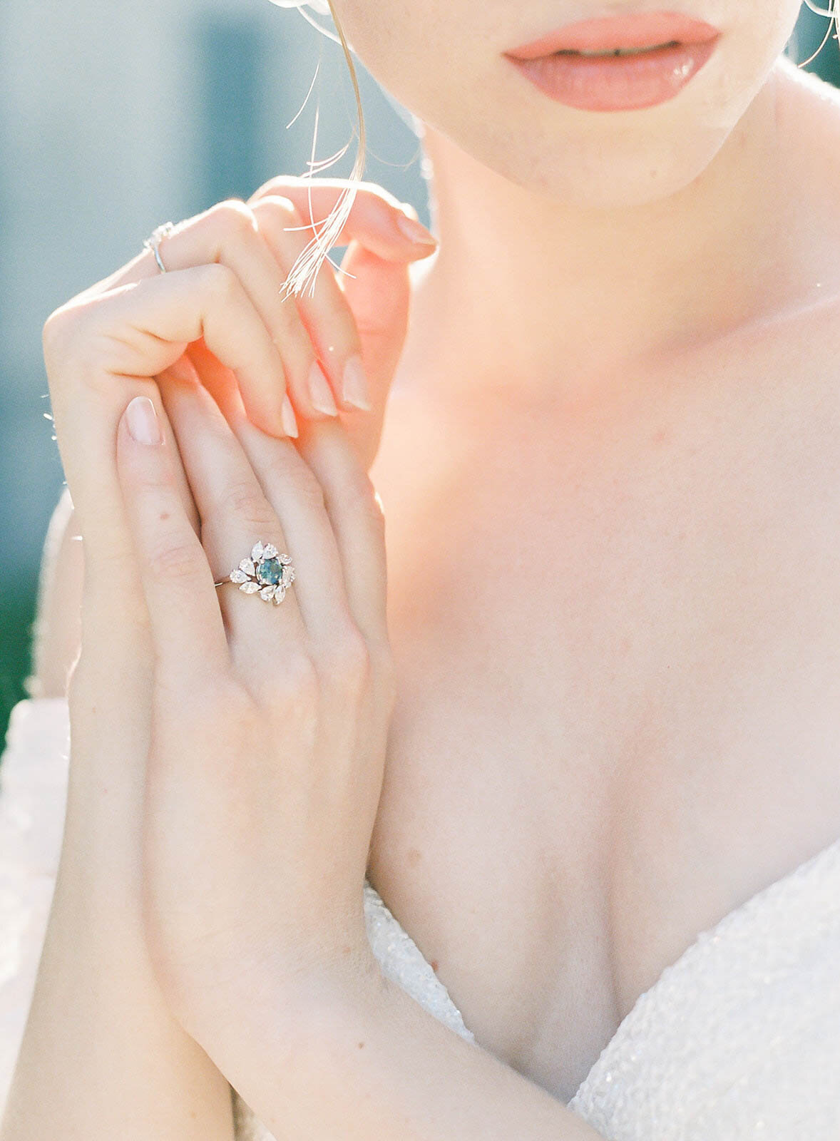 sapphire and diamond wedding ring worn by bride at Villa Sola Cabiati Wedding on Lake Como photographed by Italy Wedding photographer