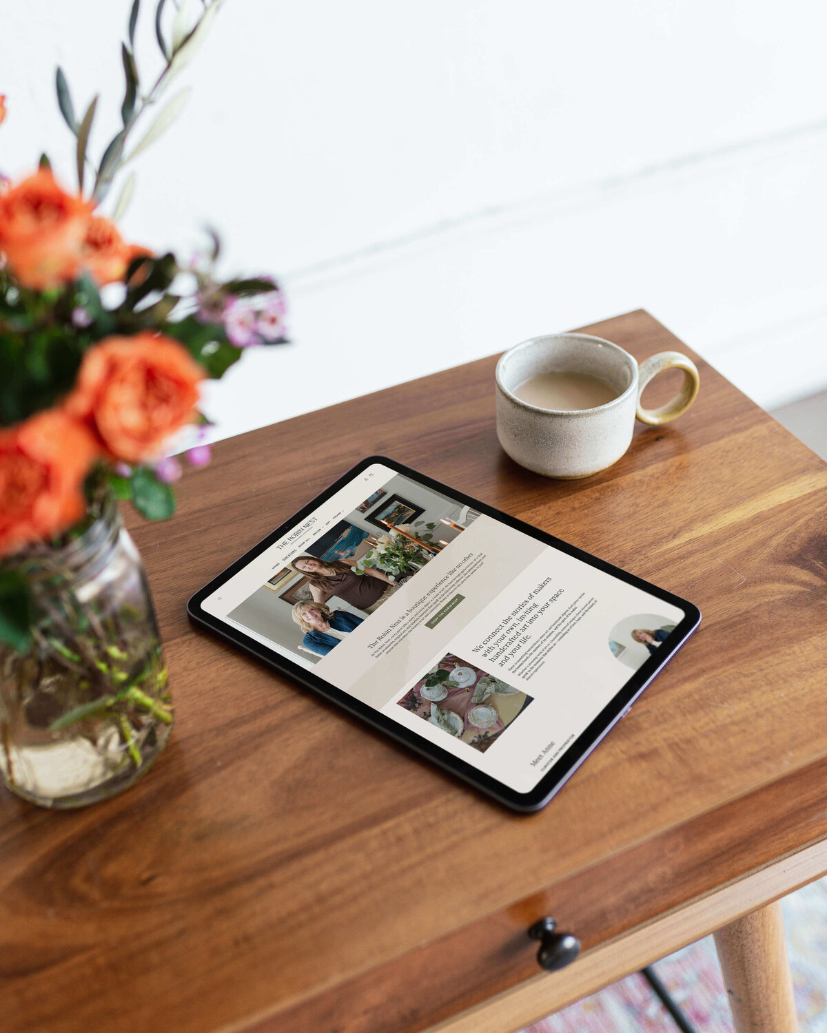 Warm, story-driven homepage design with elegant type and lifestyle imagery, perfect for artisan-inspired home businesses.