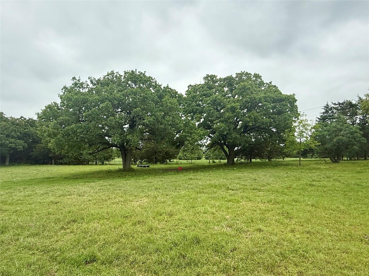 Aerial view of 16 acres with mature trees and pond in Collinsville, TX
