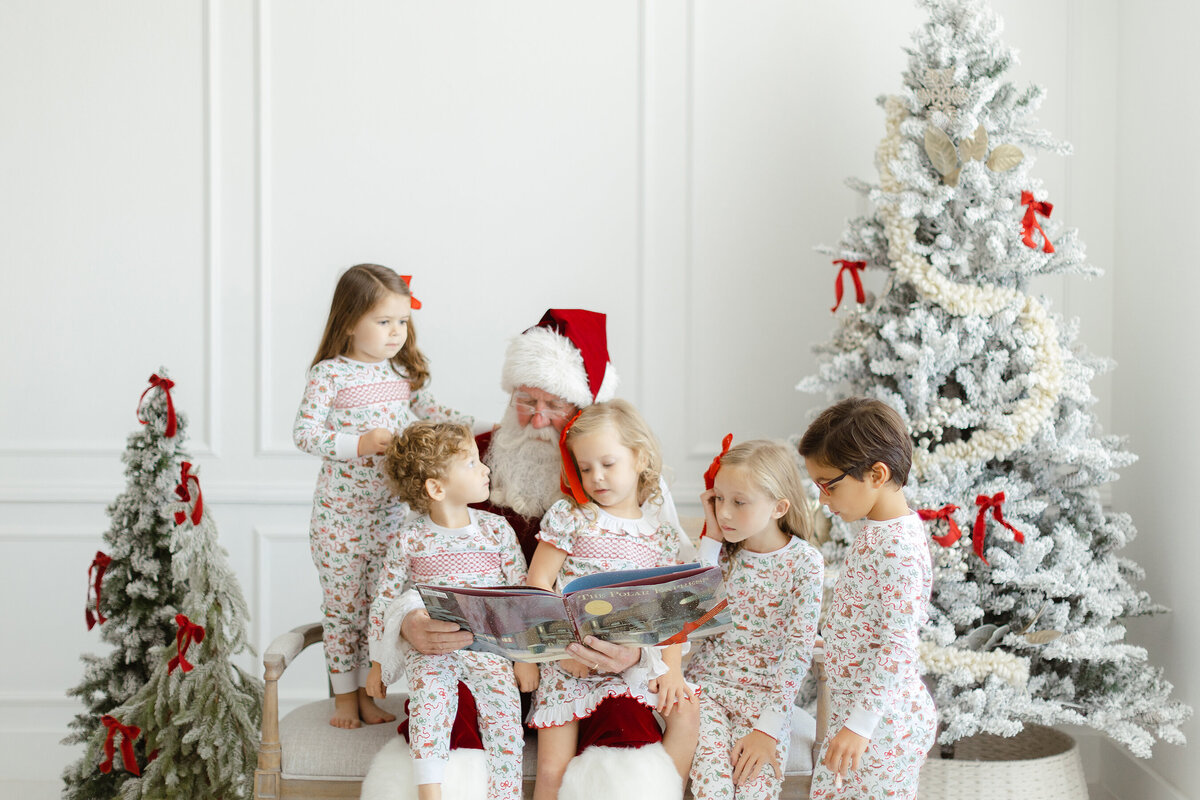 Dondolo Branding session photo of santa reading a book to children.