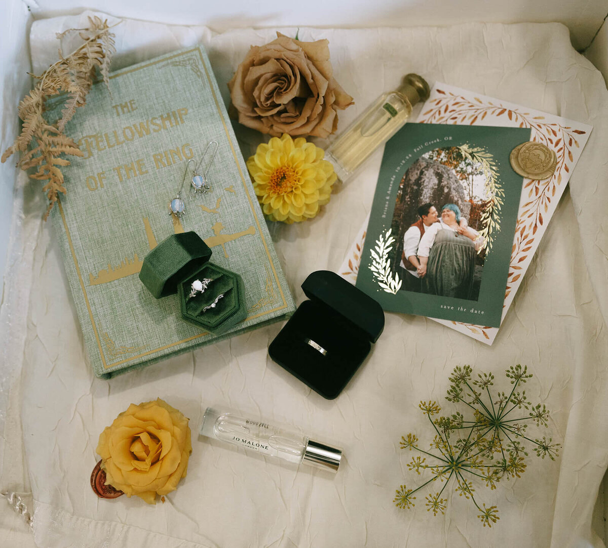 Fall wedding details including jewelry, perfume, shoes and more representing the aesthetic of this client's wedding. 