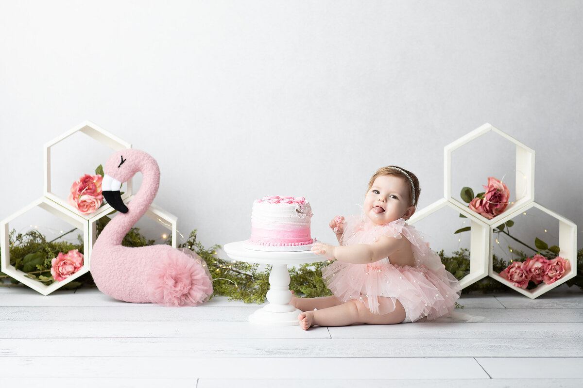 Dallas cake smash photographer captures a baby girl in a ruffled pink dress playfully sticking out her tongue during a cake smash session with a pink ombré cake, floral accents, and a plush flamingo.