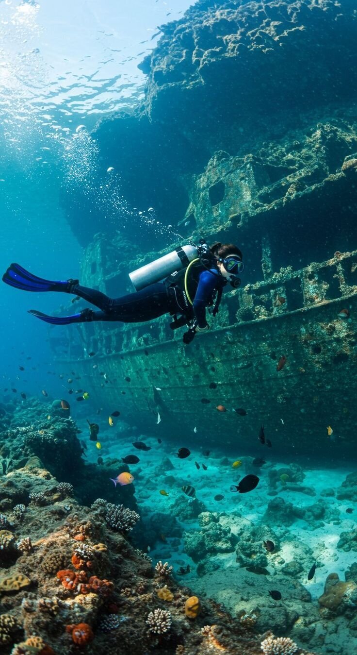 Scuba diving on a wreck in Bonaire
