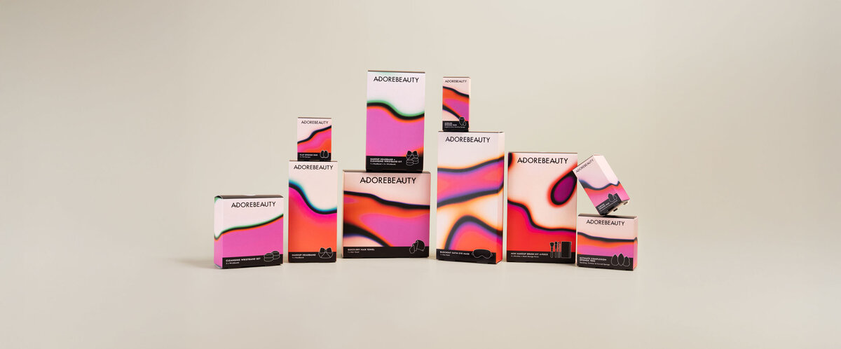 Group image of packaging design for body wash range for OC Naturals with bright abstract shapes in background