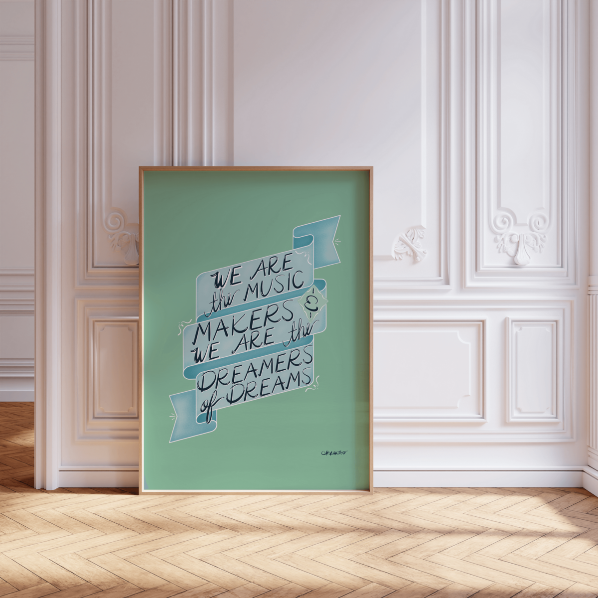 A light blue banner with handwritten text reads, "We are the music makers &amp; we are the dreamers of dreams," on a green background, perfectly capturing the essence of Sweet Pea Ink Creative's unique brand identity.