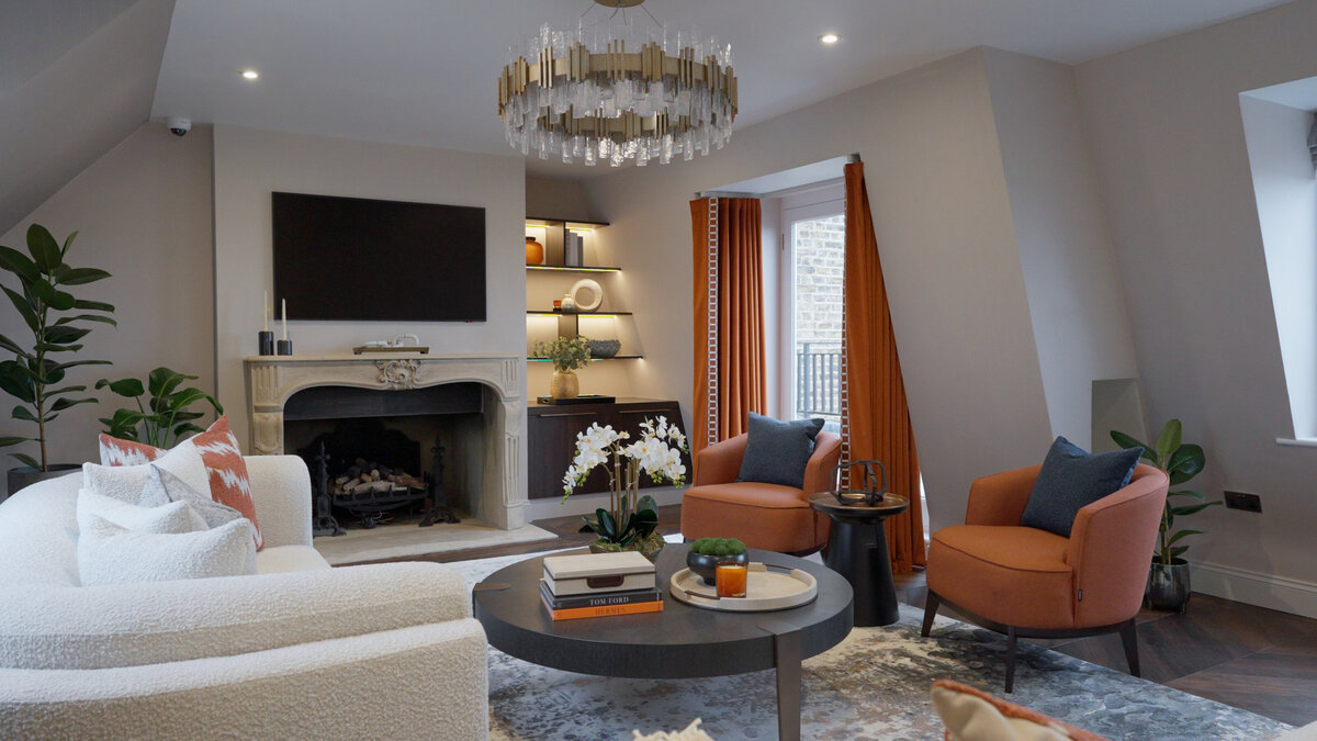 Luxury timless living room with burnt orange accents