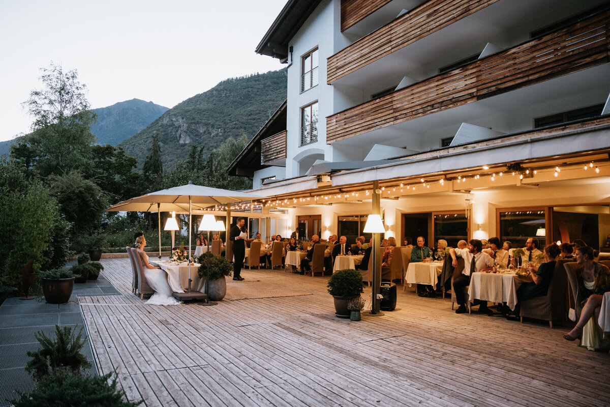 Outdoor dining terrace at La Vimea during sunset