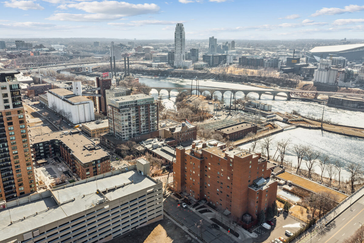 Aerial view of Stone Arch Bridge Project in Minneapolis, Minnesota 