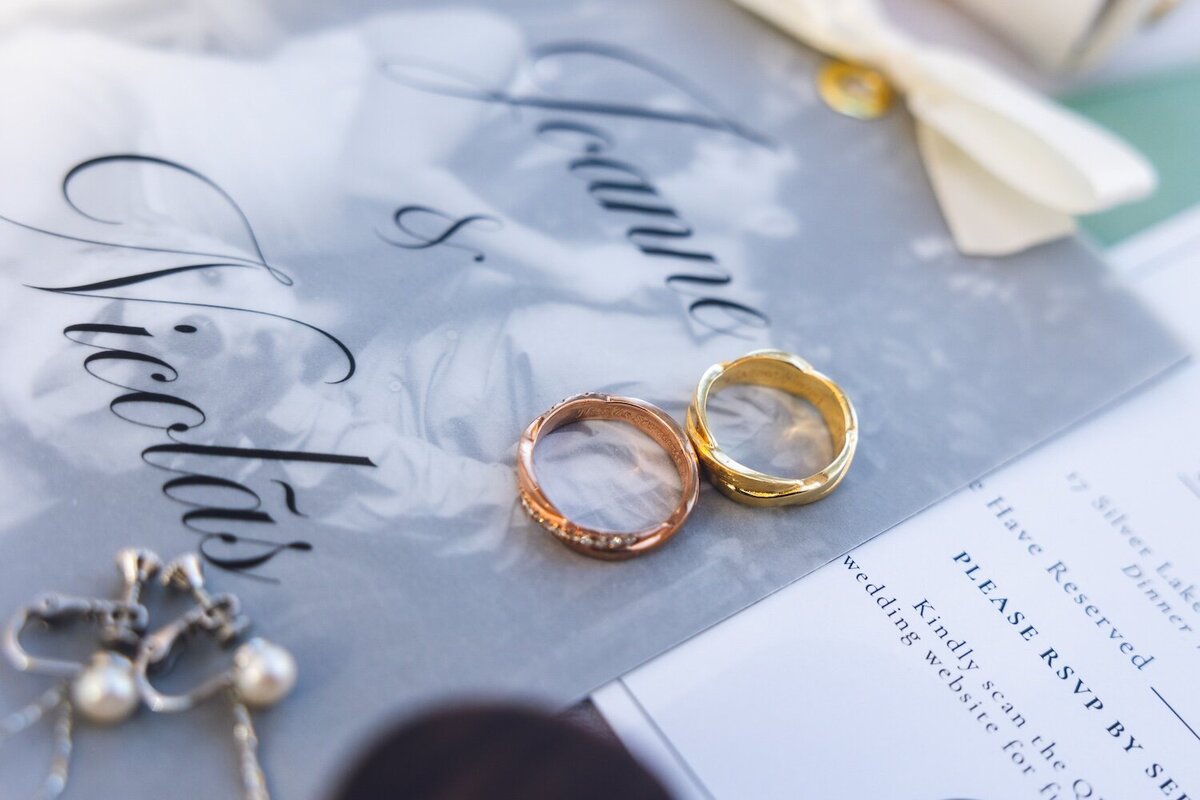 Close-up of gold and rose gold wedding rings on translucent wedding invitation.