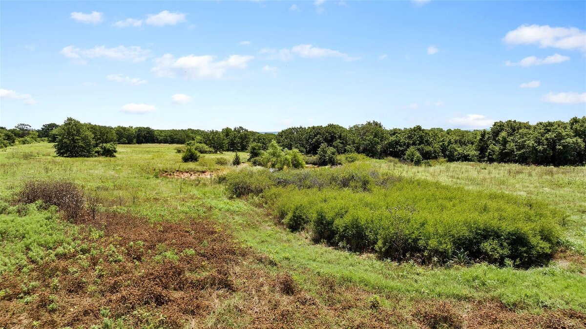 Aerial view of 55-acre property with mature post oaks in Saint Jo, TX