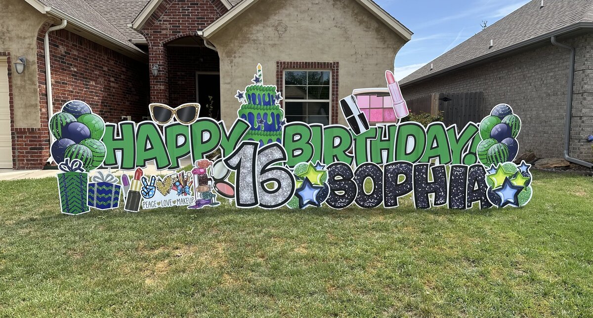 Custom sixteenth birthday yard sign setup in Edmond, Oklahoma. Simply Sign It is a yard greeting rental company servicing Edmond, NW OKC, Piedmont, and Deer Creek. Order a yard greeting for birthdays, graduation, anniversary, back-to-school, and birth announcements.