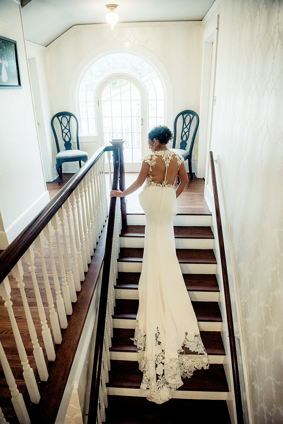 bride walking up steps
