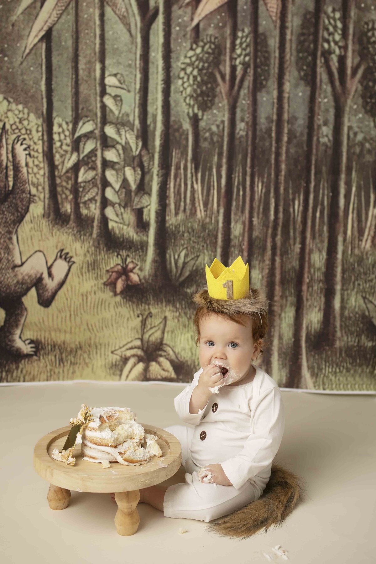 Redhead birthday boy sitting on the floor in front of a Where the Wild Things Are themed cake, happily smashing it