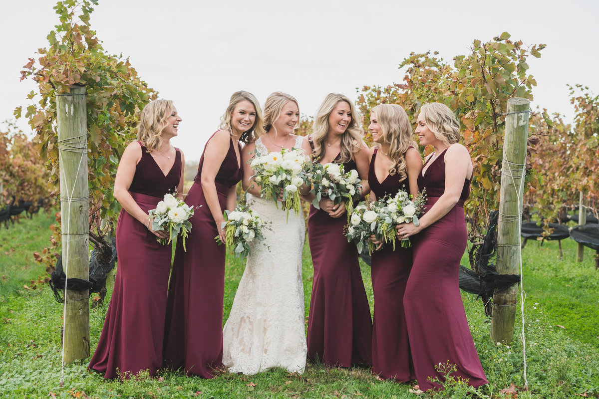 photo of bridal party with bride in vineyards from wedding at The Vineyards at Aquebogue
