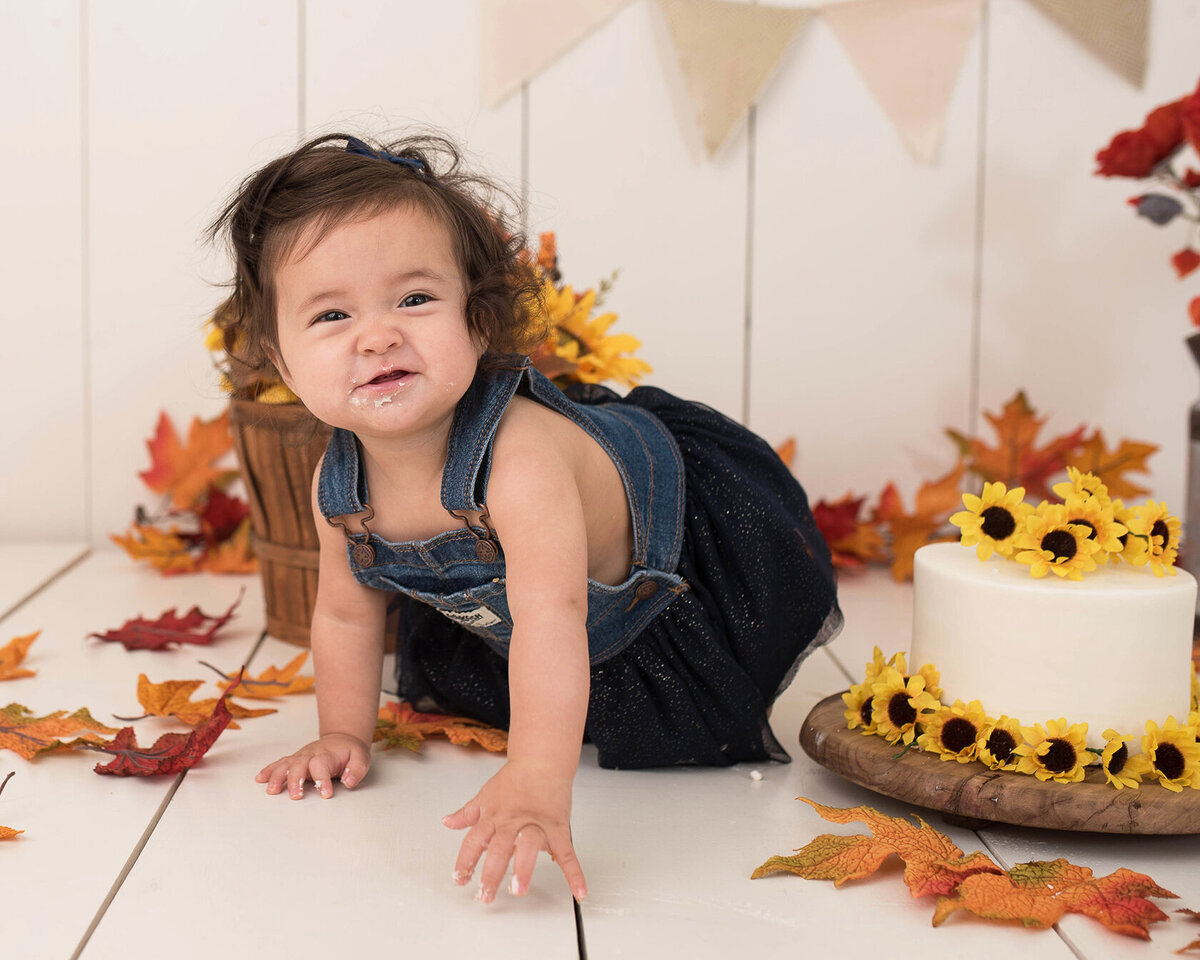 Sunflower autumn themed baby cake smash photography by Laura King