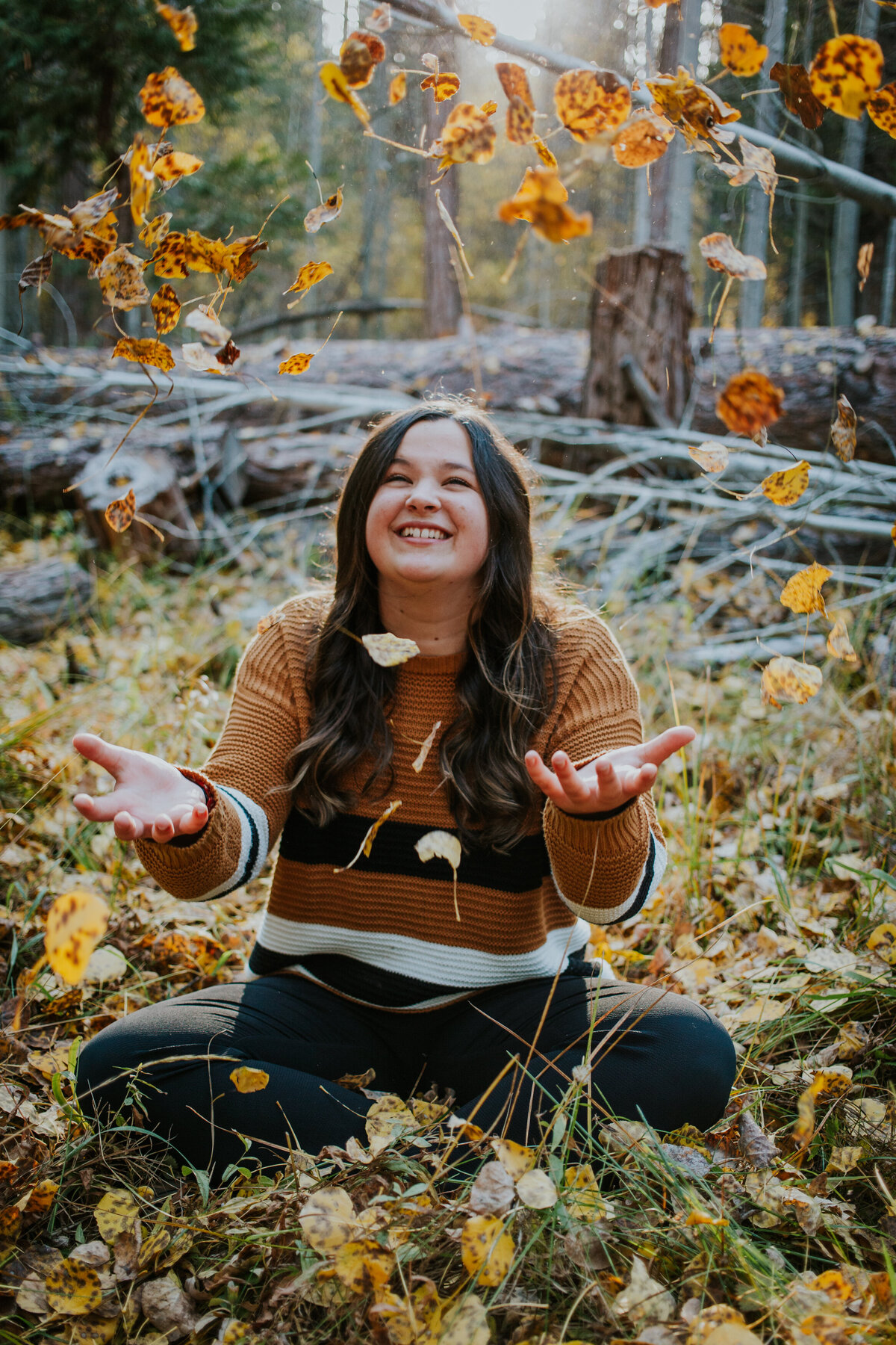 Young woman sits in aspen grove while tossing golden leaves up in the air.