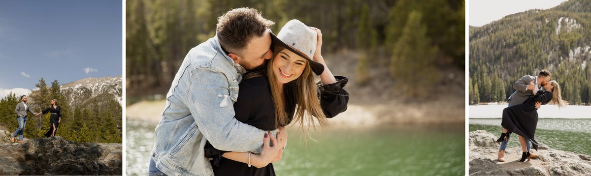 playful couple at an alpine lake near brekenridge