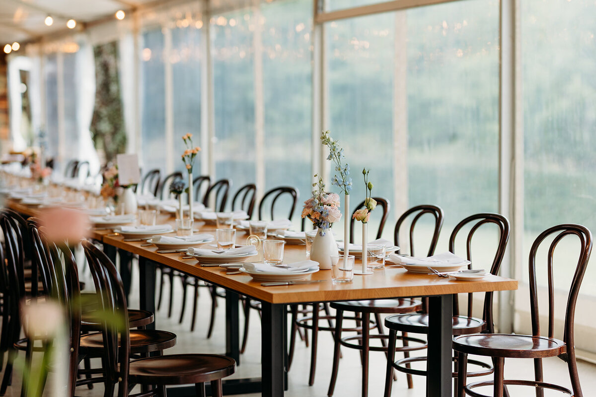 Table setup and decor in the marquee at Poachers Pantry