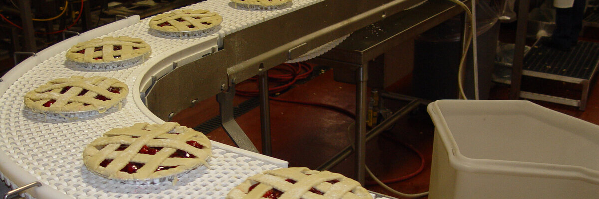 Conveyor belt for factory with pies
