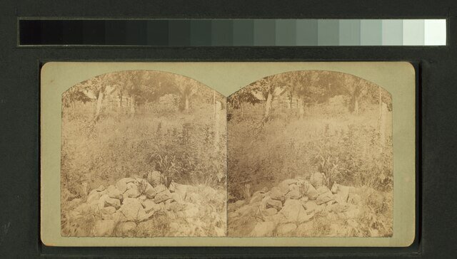 6. The_stone_pile_that_marks_the_grave_of_the_Gardner_family,_massacared_in_1857_and_the_cabin_in_the_background_(NYPL_b11707469-G90F191_019ZF).tiff