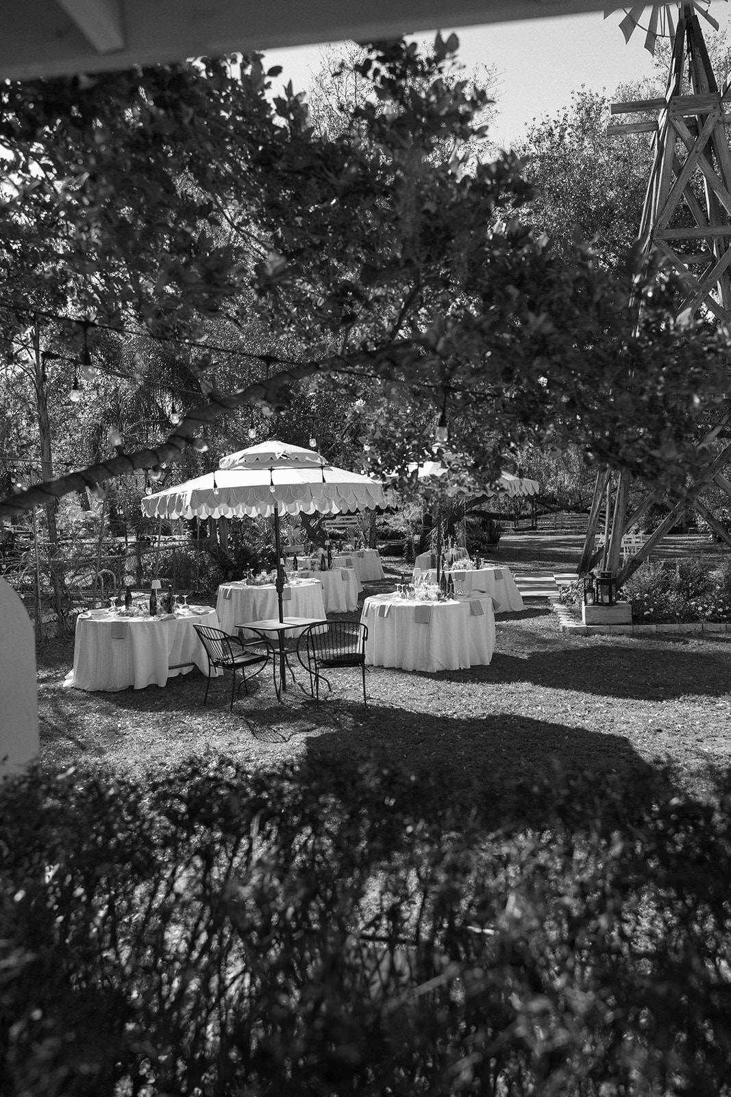 Black and white photo of an outdoor wedding reception setup at Uliana Estate in Lakeland, Florida.