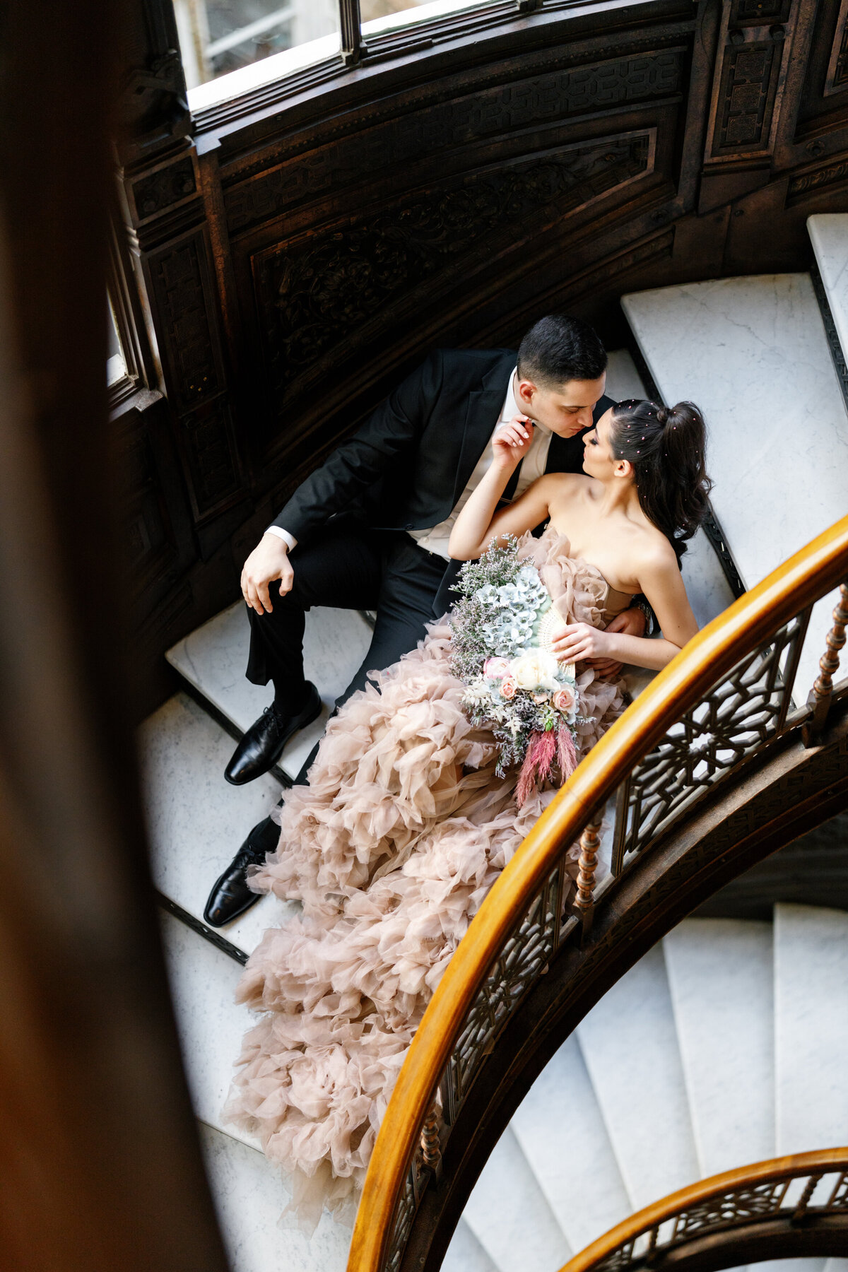 Aspen-Avenue-Chicago-Wedding-Photographer-Rookery-Engagement-Session-Histoircal-Stairs-Moody-Dramatic-Magazine-Unique-Gown-Stemming-From-Love-Emily-Rae-Bridal-Hair-FAV-35