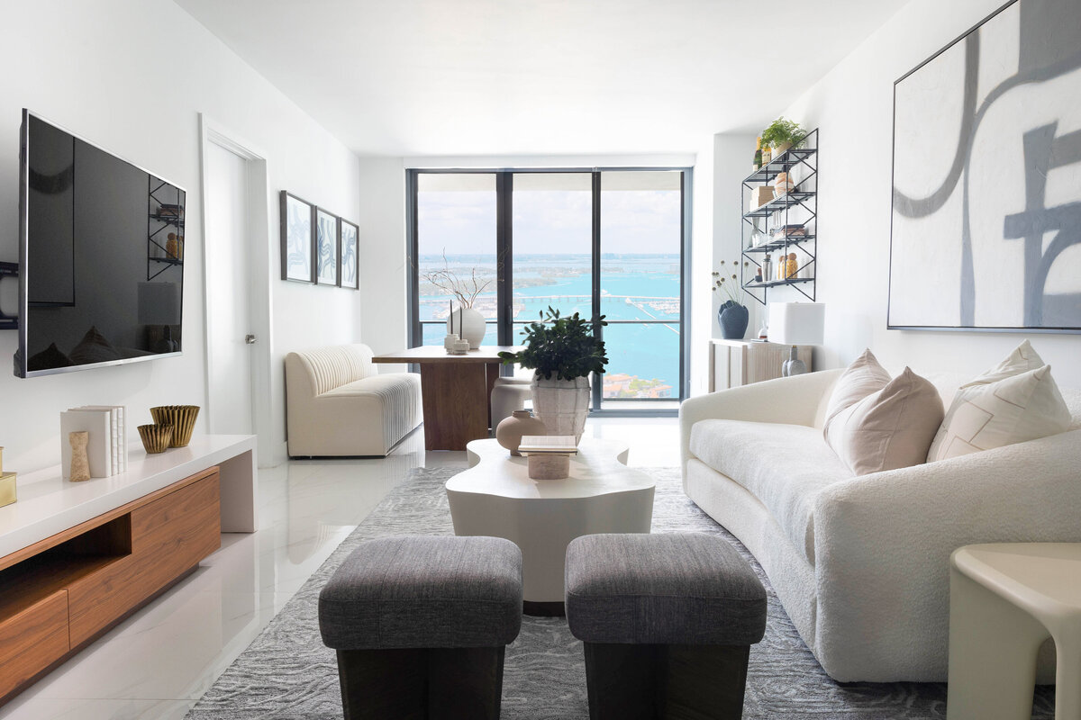 coastal modern and minimal living room area in a south florida condo