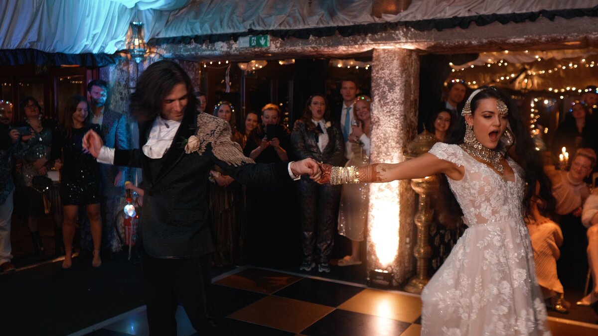 The Bride and Groom celebrating their wedding at the crazy bear, stadhampton, oxfordshire. Captured by Oxfordshire based wedding videographer HC Visuals