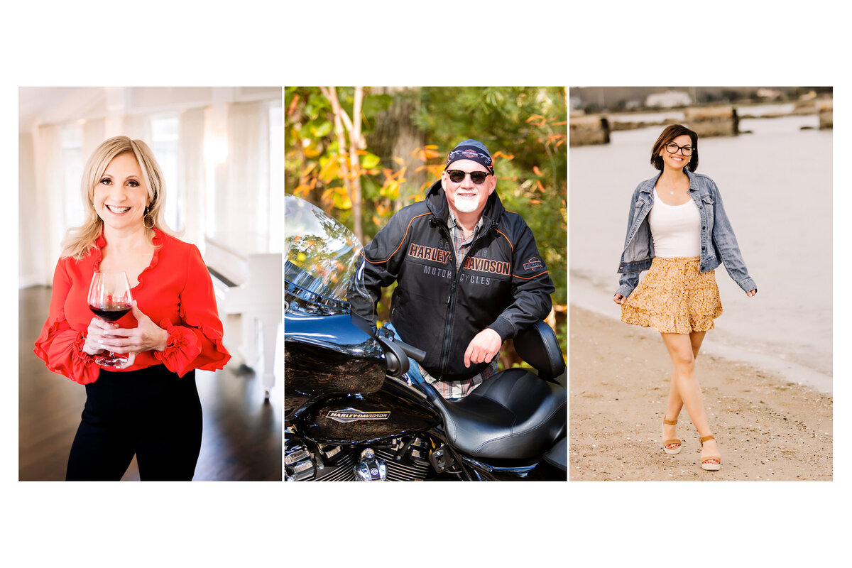 A collage of three dating clients, the first is a woman wearing a red blouse holding a glass of red wine in her living room, the 2nd image is of a man on his Harley Davidson wearing a leather jacket & do-rag, the third image is of a woman walking on a beach with a skirt & jean jacket