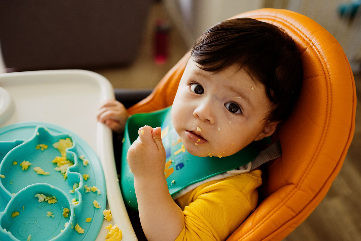 boy eats his breakfast from his high chair