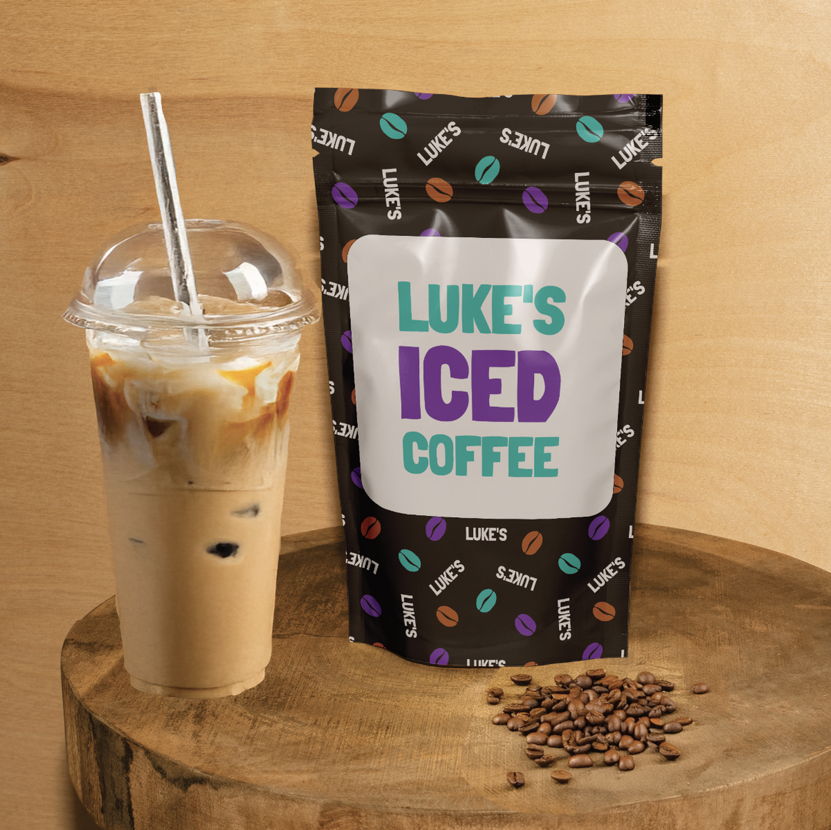 Luke's Iced Coffee coffee bag on stool  