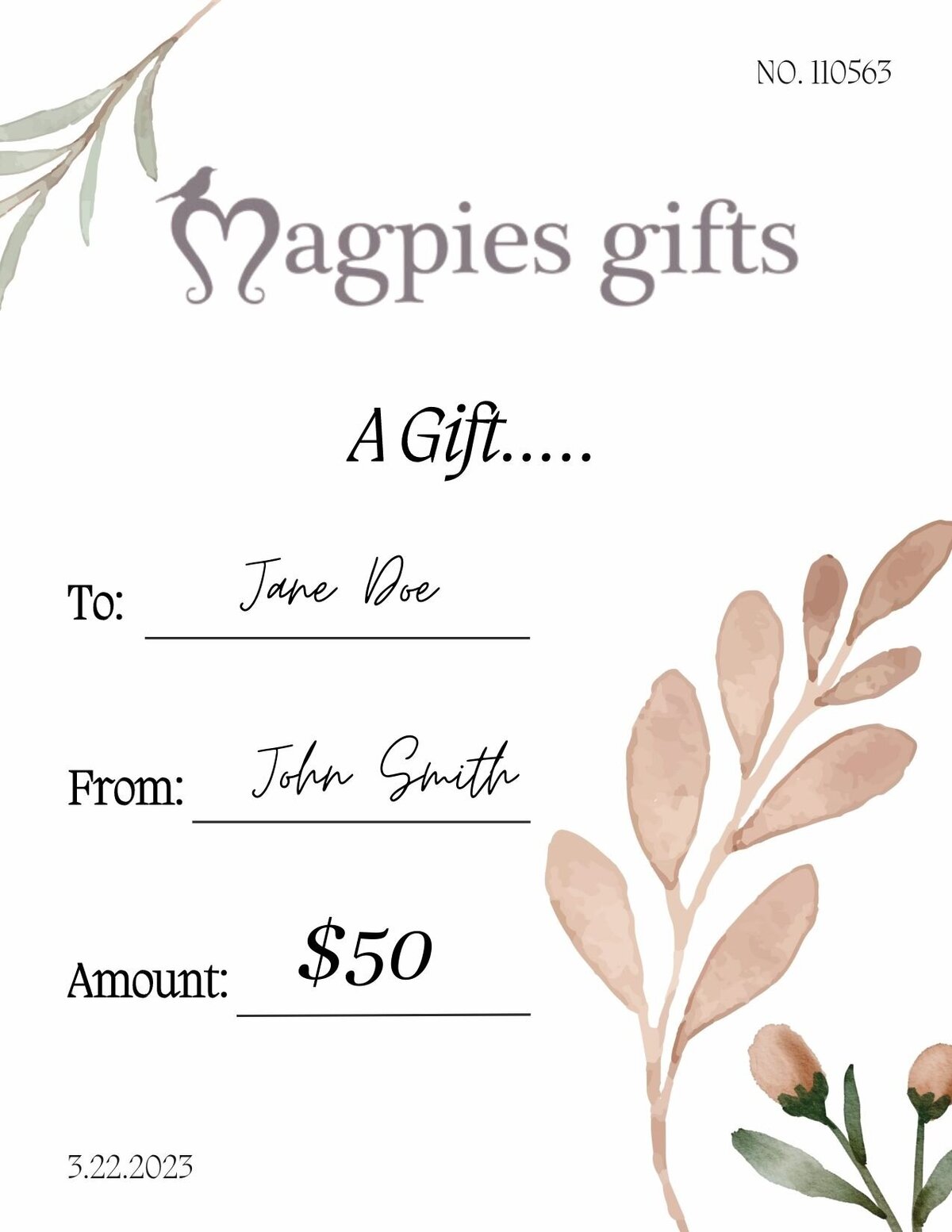 Online E-Gift Card Design for Magpies Gifts